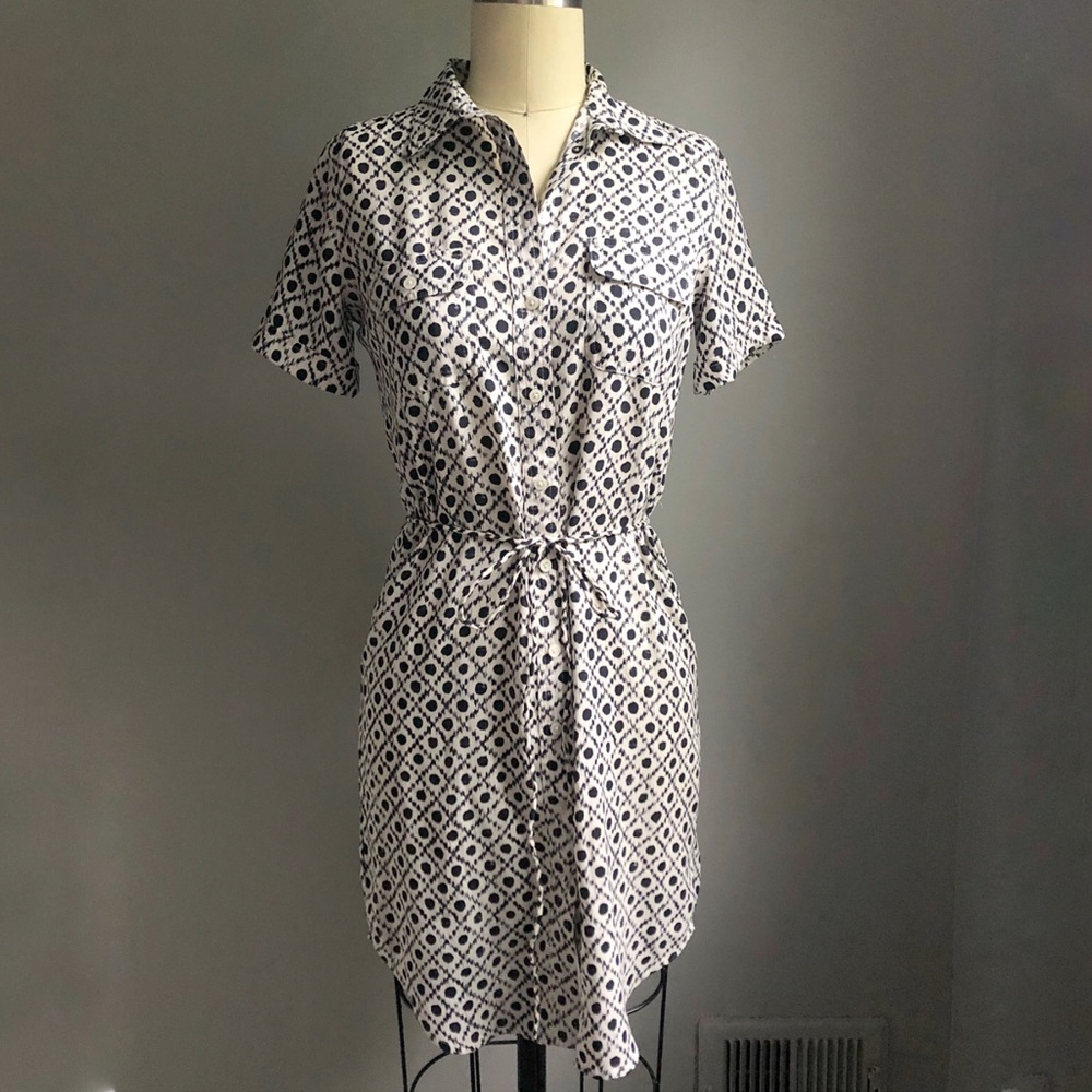 LOFT Button Up Polka Dot Dress in White/Navy